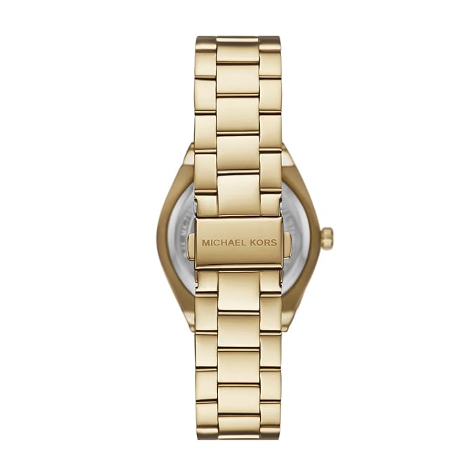Michael Kors Lennox watch caseback showing gold-tone stainless steel bracelet and case band