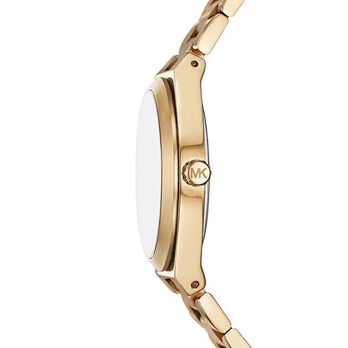 Michael Kors Lennox watch side view showing gold-tone case, bezel, and MK logo on band