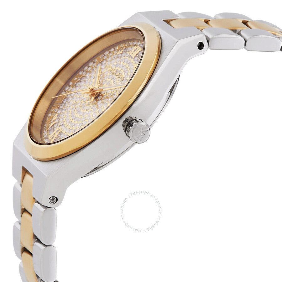 Michael Kors Lennox chronograph watch angle view highlighting gold bezel and pave dial details