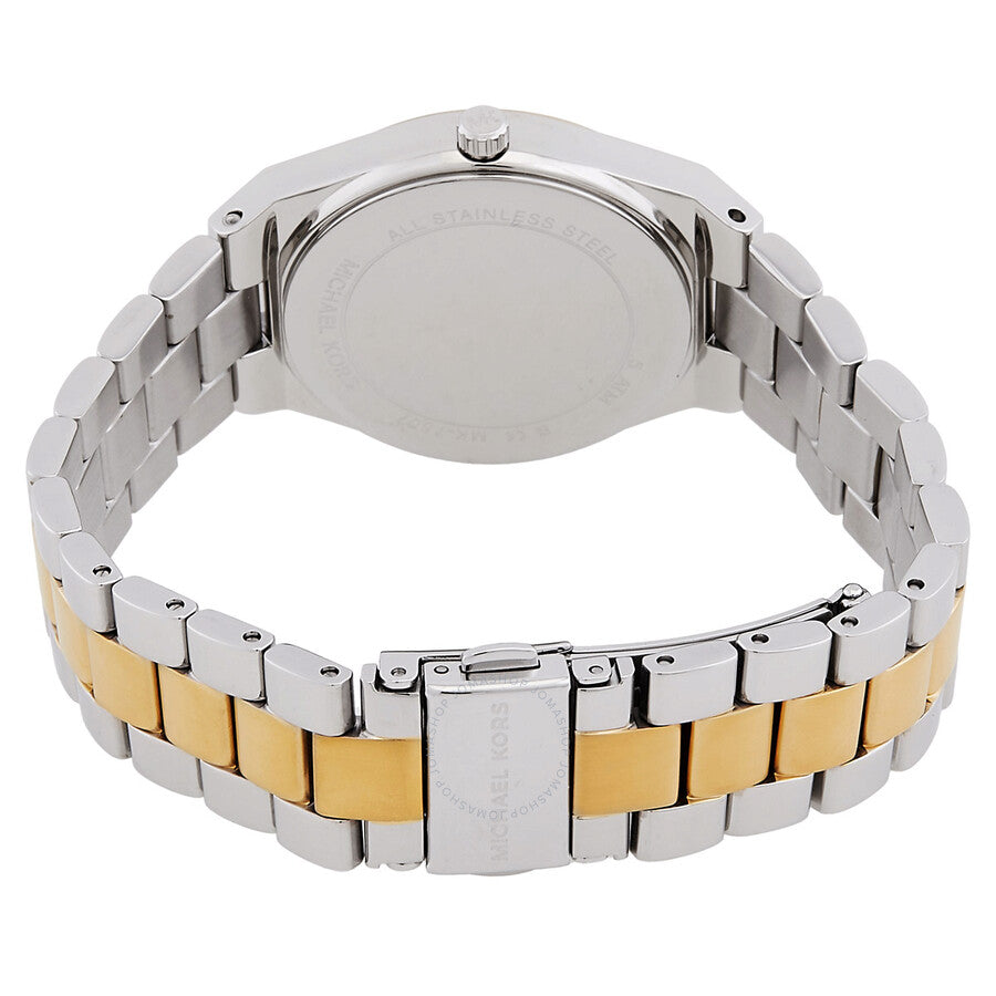 Michael Kors Lennox watch back caseback view with two-tone stainless steel bracelet