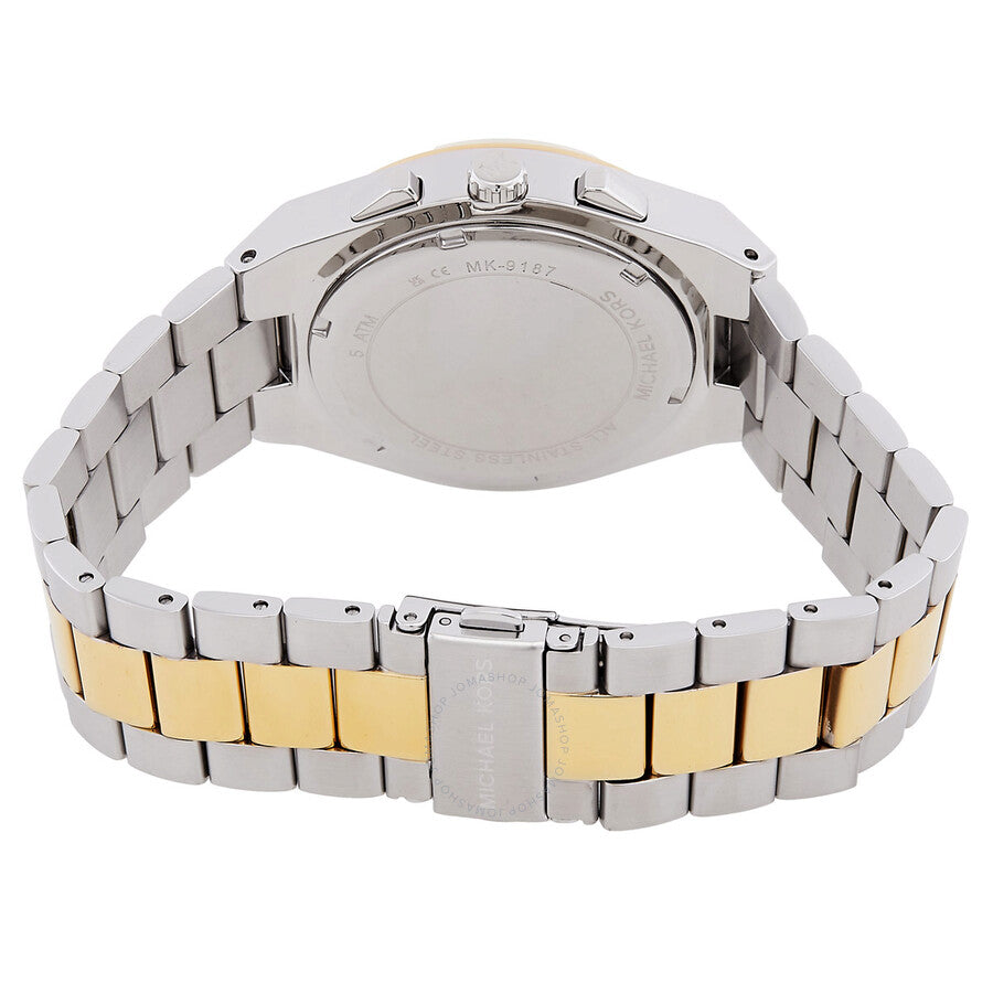Michael Kors Lennox watch caseback view showing two-tone stainless steel bracelet and fold-over clasp