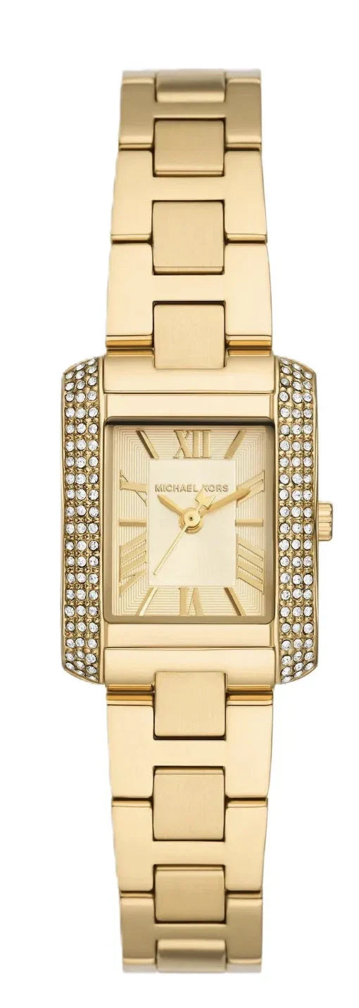 Michael Kors Lennox gold-tone women's watch with rectangular dial and crystal-embellished bezel