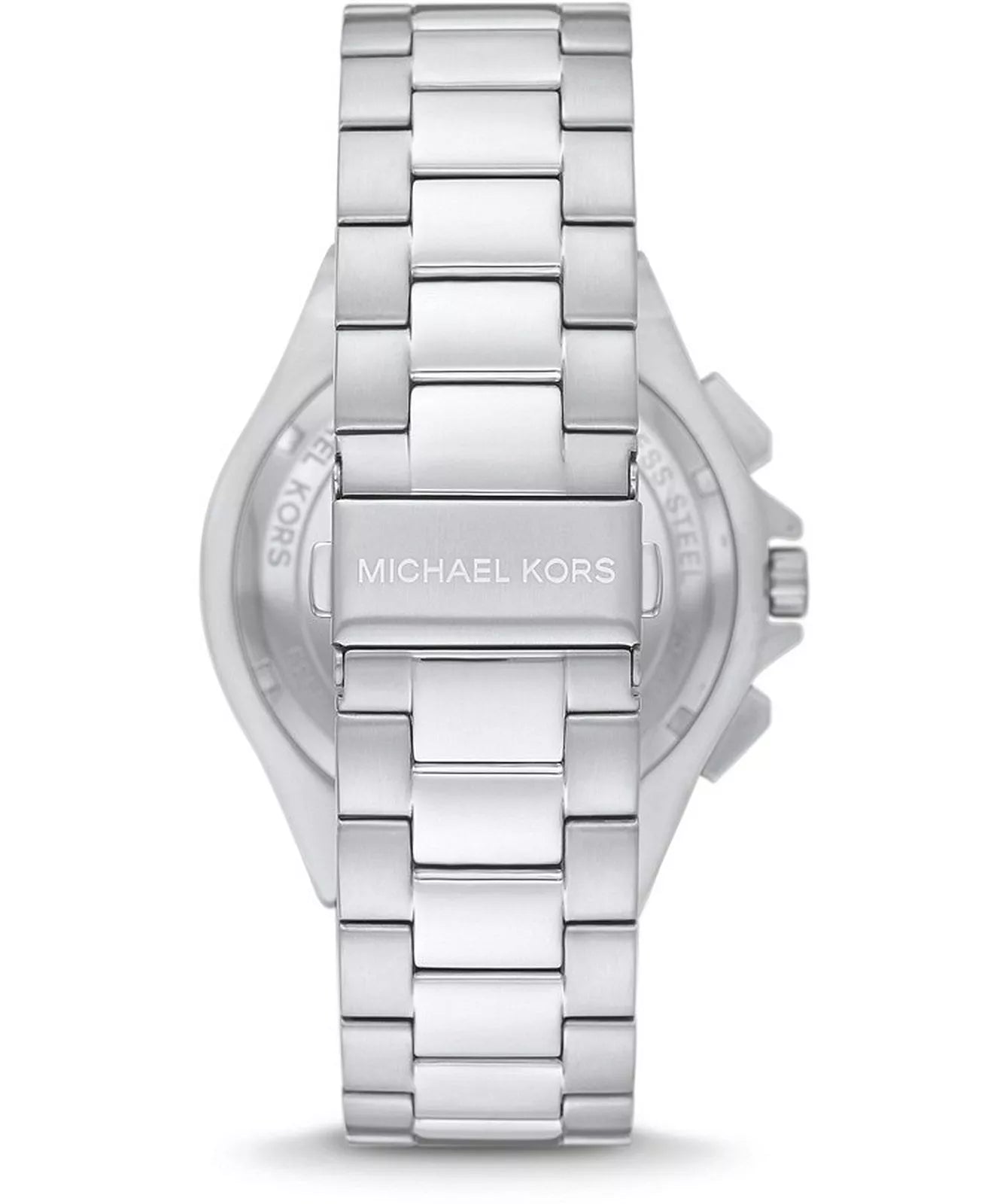 Michael Kors Lennox Chronograph watch caseback showing stainless steel bracelet and case