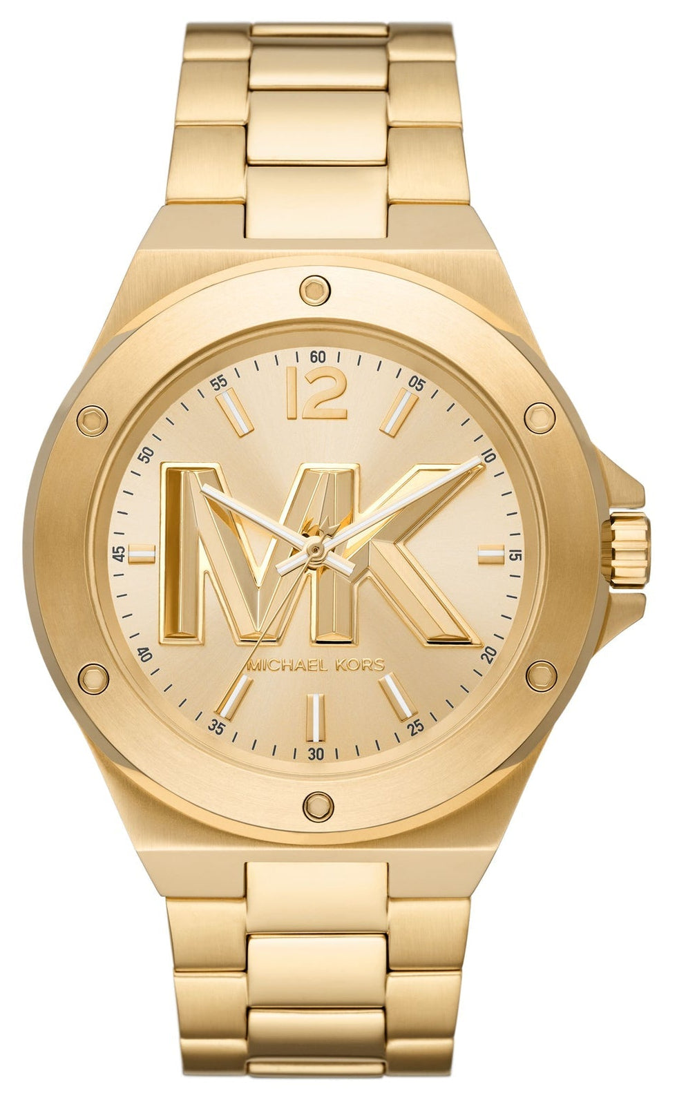Michael Kors Lennox gold-tone men's watch with MK logo dial and gold bracelet