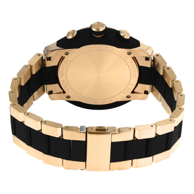 Caseback view of Michael Kors Lennox watch showing two-tone gold and black metal bracelet and clasp