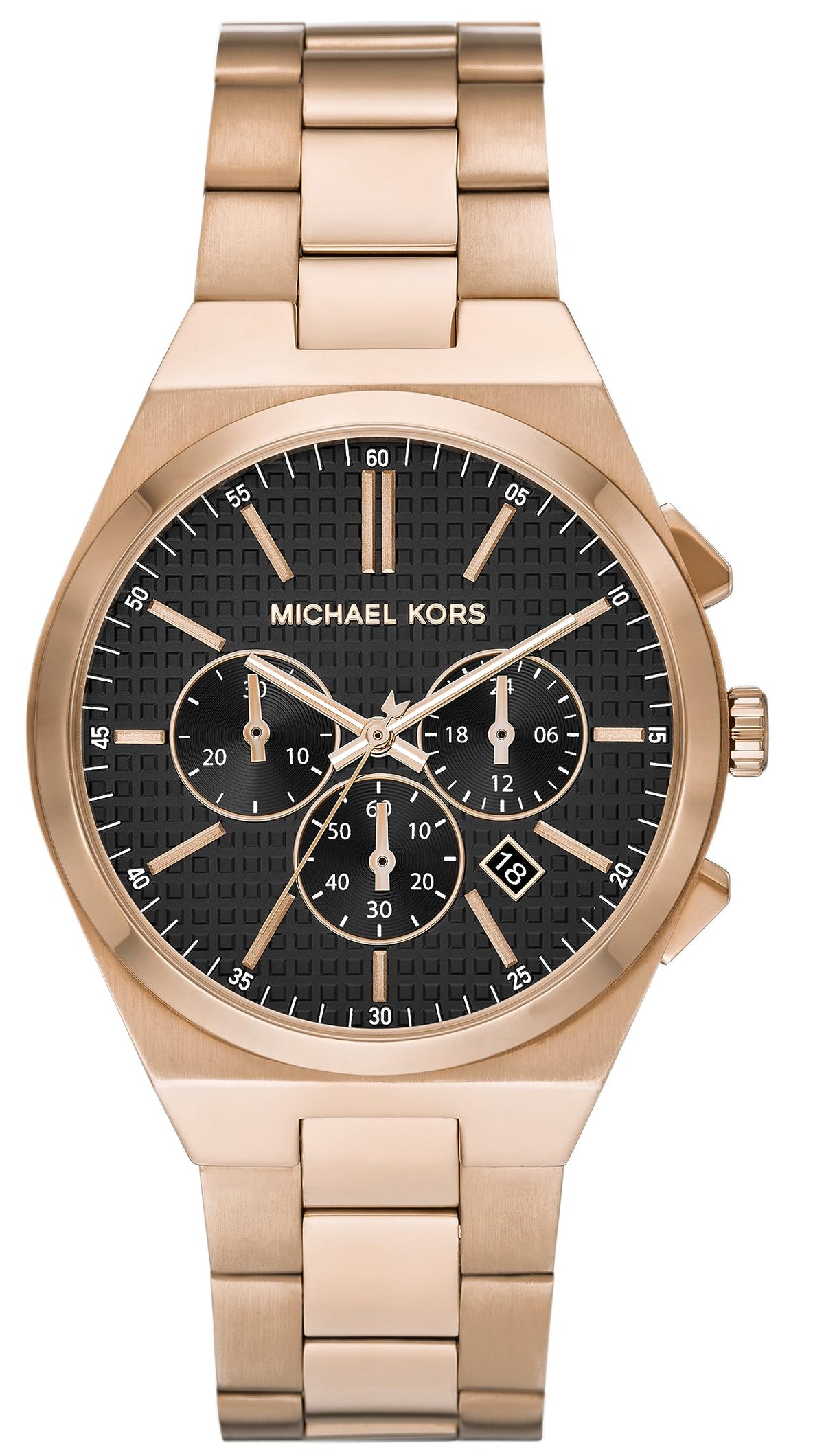 Michael Kors Oversized Lennox Chronograph rose gold-tone men's watch with black dial and chronograph subdials
