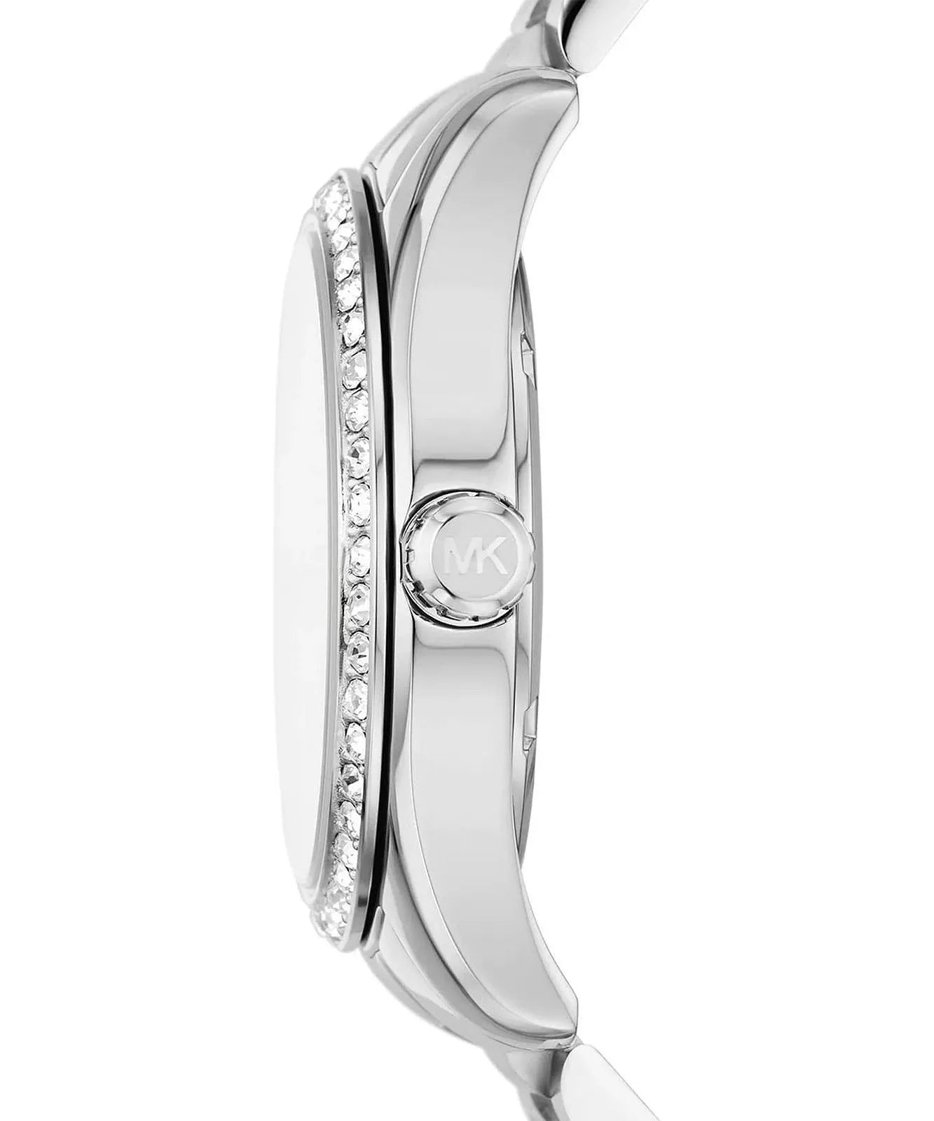 Side profile of Michael Kors Lexington MK1087 showing crystal-adorned bezel and stainless steel case