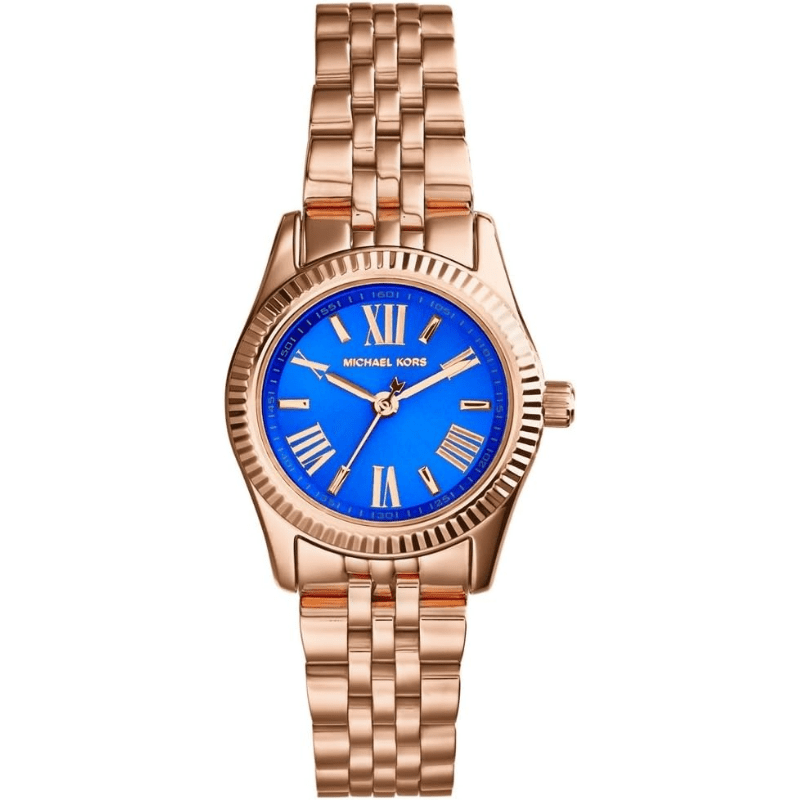 Michael Kors Lexington women's watch with blue dial, rose gold steel bracelet and Roman numerals