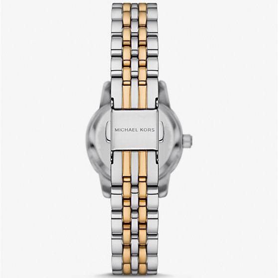 Back view of Michael Kors Lexington watch with two-tone steel bracelet and brand engraving