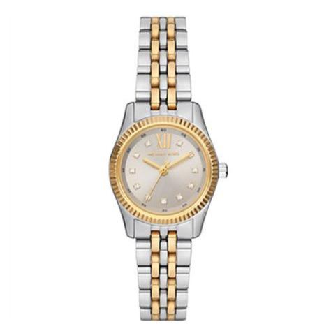 Michael Kors Lexington women's watch with silver dial, gold bezel, and two-tone steel bracelet
