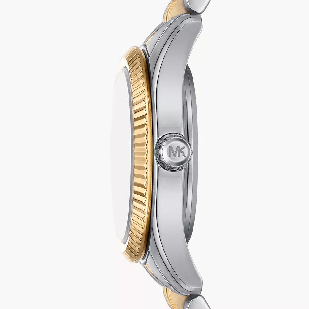 Side view of Michael Kors Lexington watch showing gold-fluted bezel and two-tone steel case