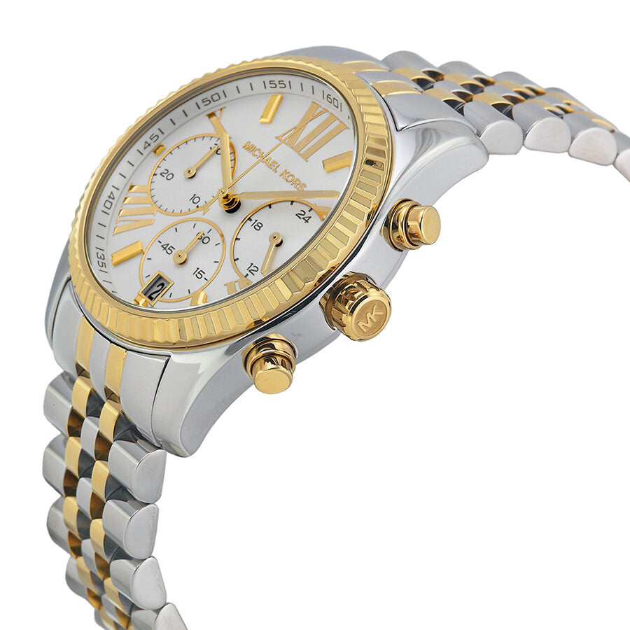 Michael Kors Lexington chronograph watch side view showing two-tone bracelet and gold pushers