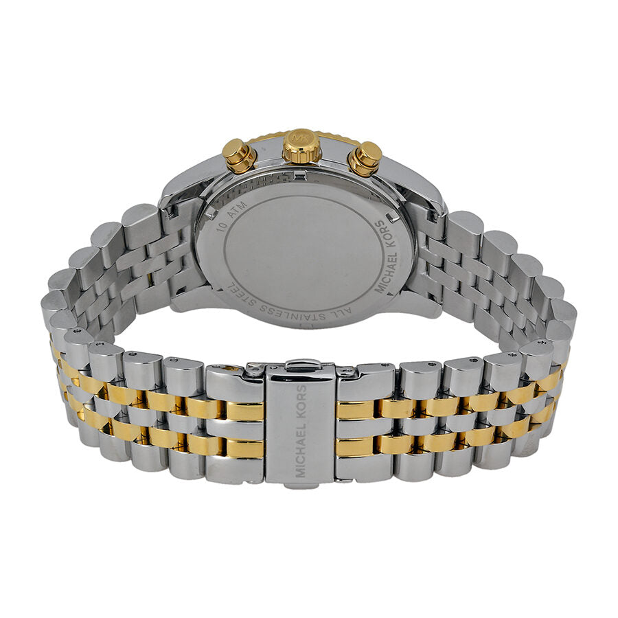 Michael Kors Lexington watch caseback view showing two-tone steel and gold bracelet