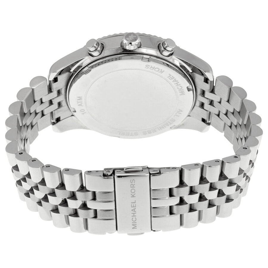 Michael Kors Lexington watch caseback and stainless steel bracelet detail