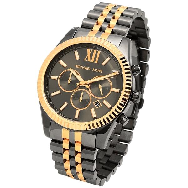 Side profile of Michael Kors Lexington chronograph with two-tone steel and gold bracelet