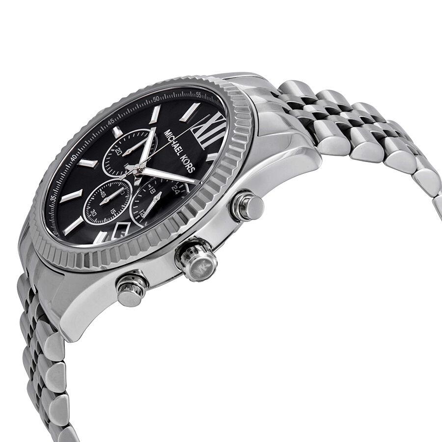 Angled view of Michael Kors Lexington chronograph showing black dial and stainless steel bracelet