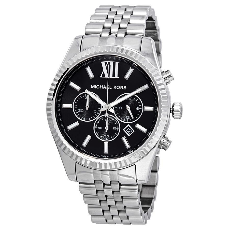 Michael Kors Lexington chronograph watch with black dial, Roman numerals, and stainless steel bracelet