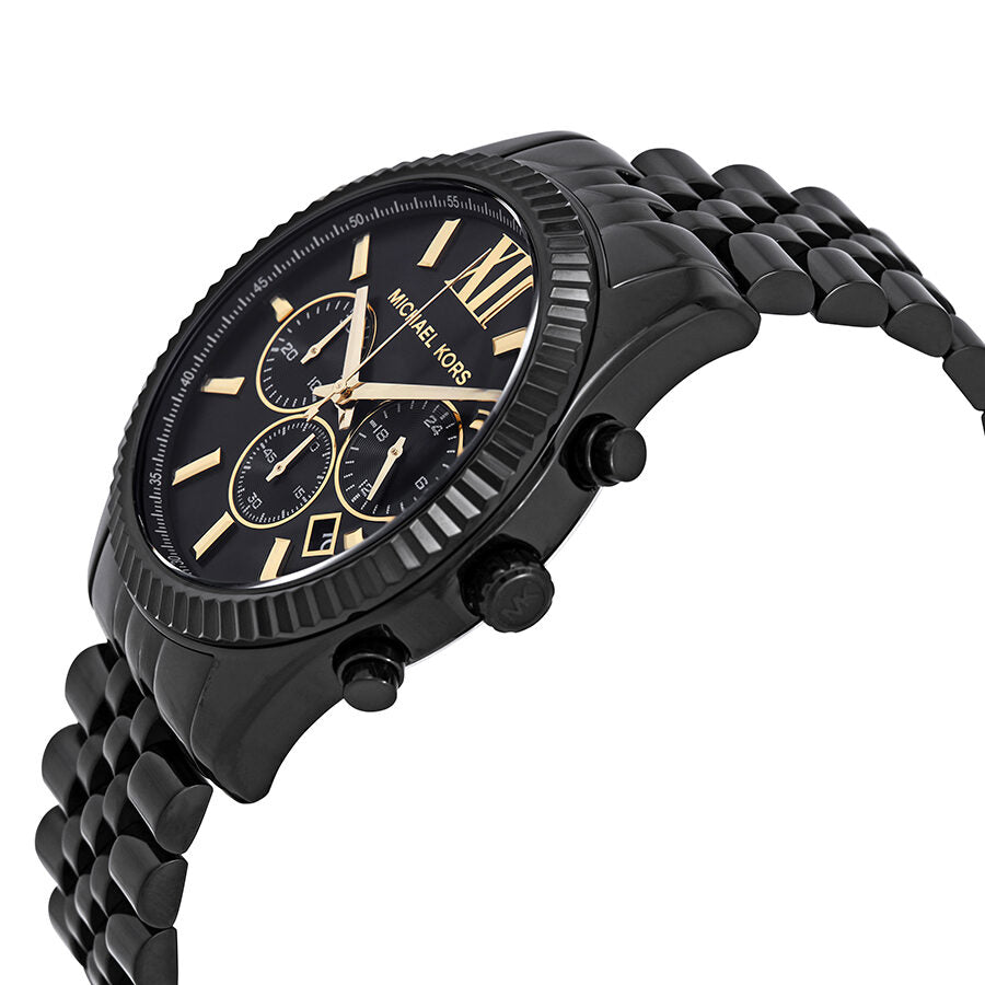 Michael Kors Lexington chronograph watch angled side view showing black stainless steel bracelet