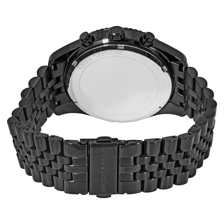 Michael Kors Lexington watch caseback showing black stainless steel bracelet and case