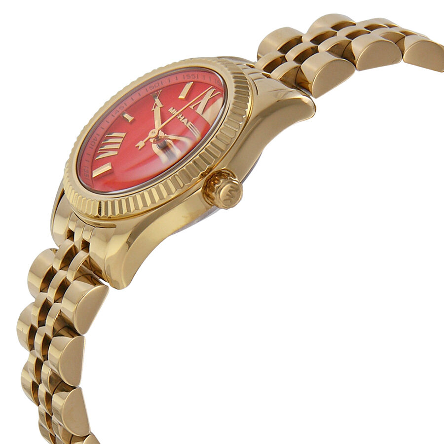 Michael Kors Lexington Petite watch angled view showing gold bracelet and red-orange dial