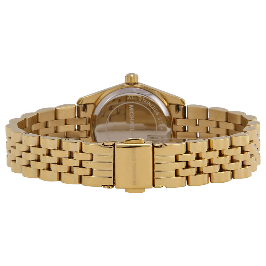 Michael Kors Lexington Petite caseback showing gold-tone bracelet and fold-over clasp
