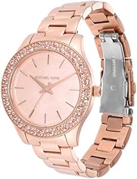 Michael Kors Lilane rose gold watch side angle view showing steel strap