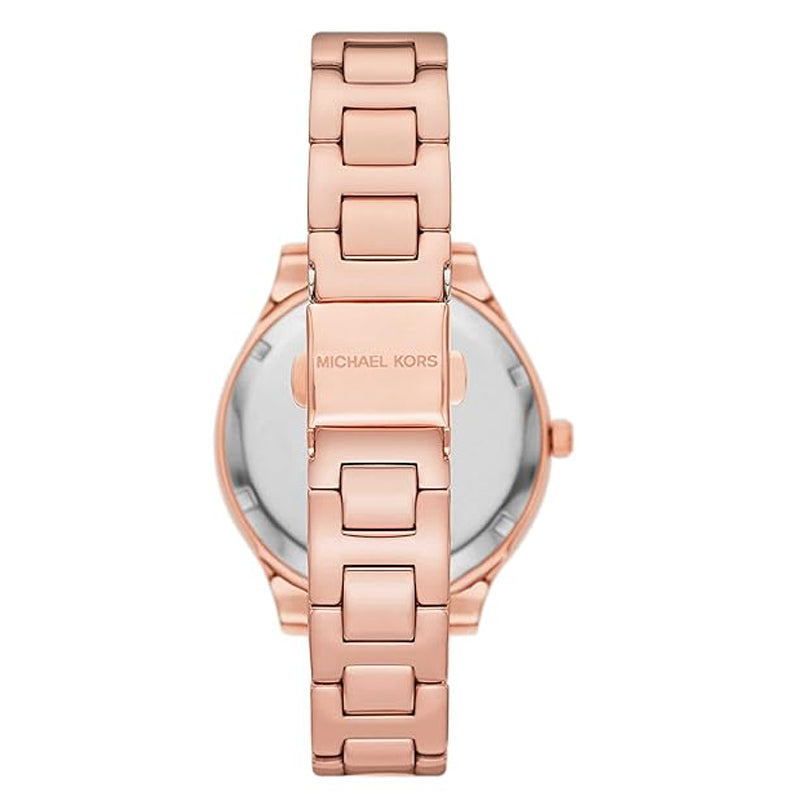 Michael Kors Lilane watch back view showing rose gold steel bracelet links