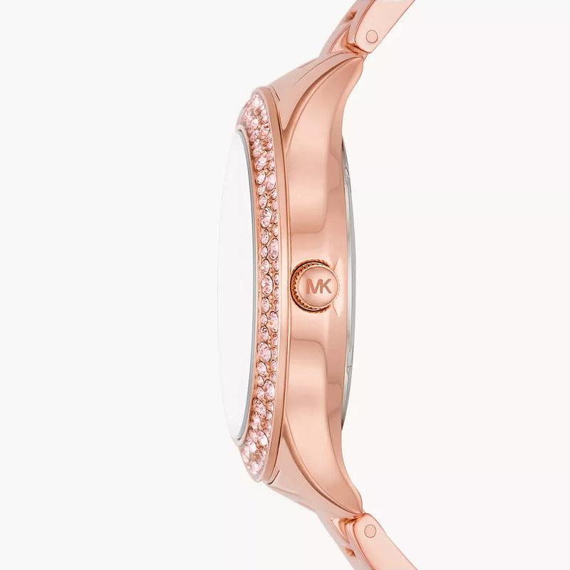 Michael Kors Lilane watch side profile showing crystal bezel and rose gold case