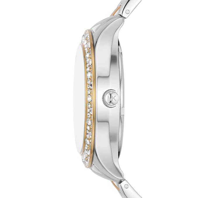 Side profile of Michael Kors Liliane watch showing two-tone case and crystal bezel detail