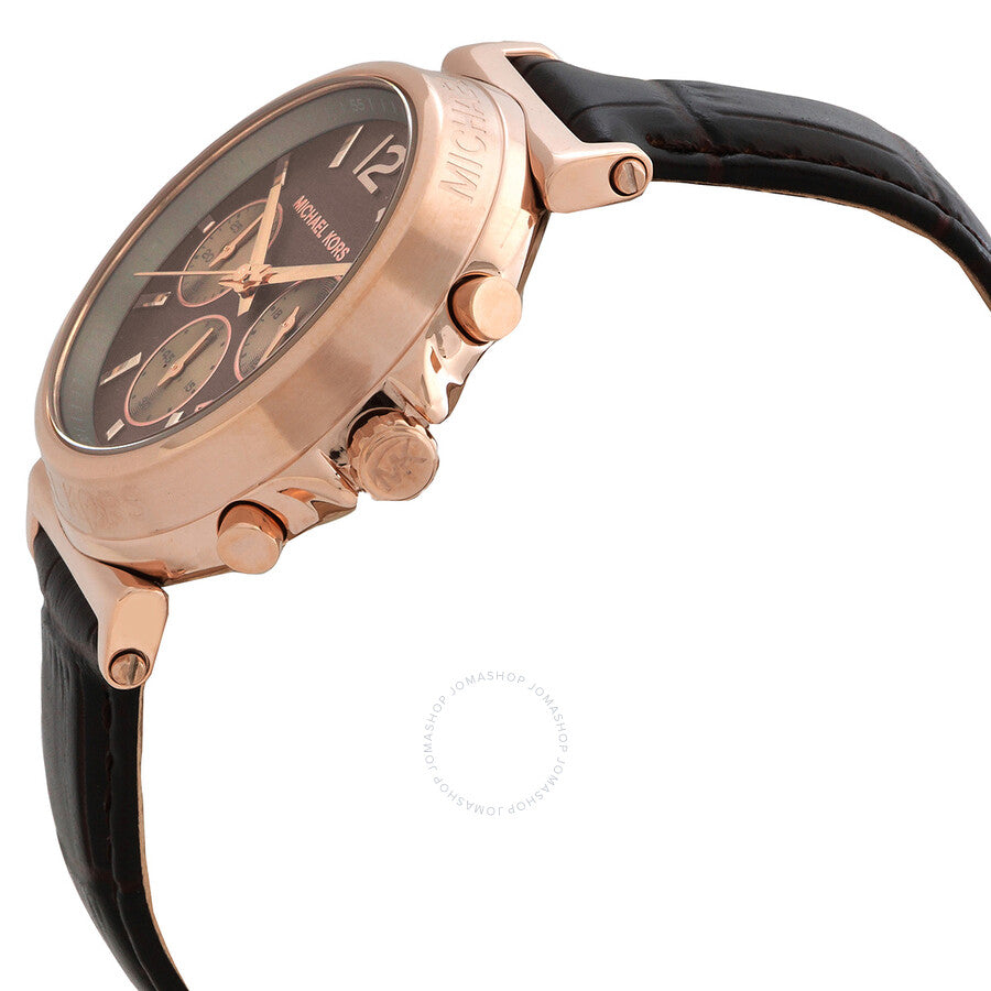 Michael Kors Maren Chronograph side view showing rose gold case and black leather strap