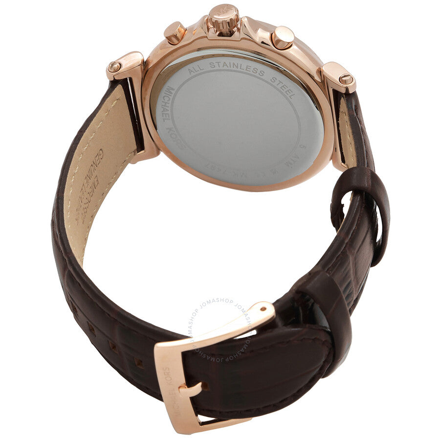 Michael Kors Maren Chronograph caseback with stainless steel case and black leather strap