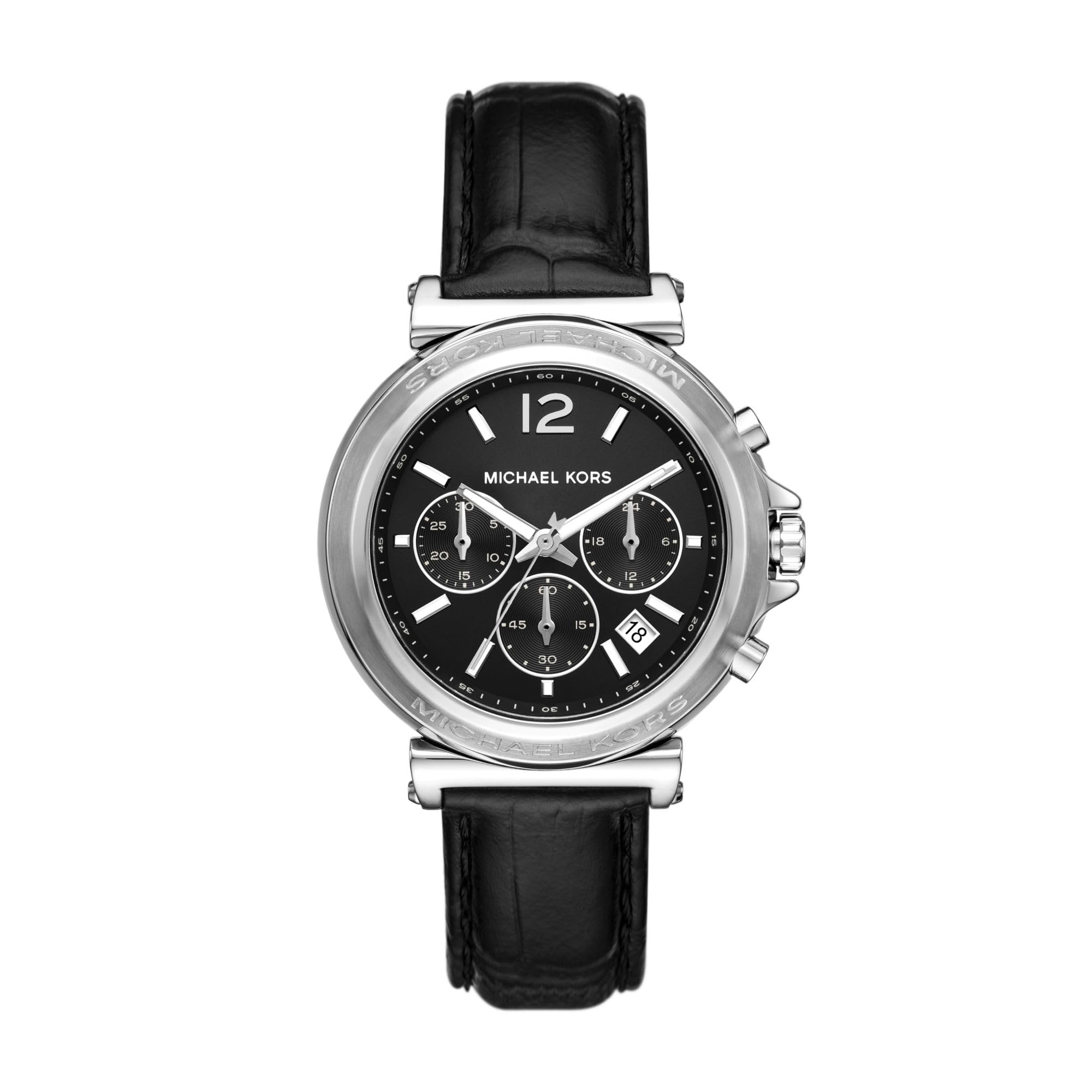 Michael Kors Maren black dial chronograph watch with stainless steel case and black leather strap