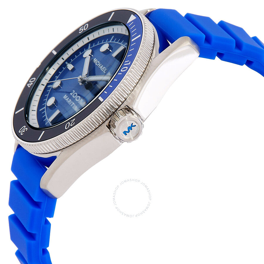 Michael Kors Maritime watch angle view showing blue strap and stainless steel case