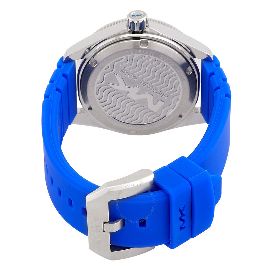 Michael Kors Maritime watch caseback showing wave pattern design and blue strap