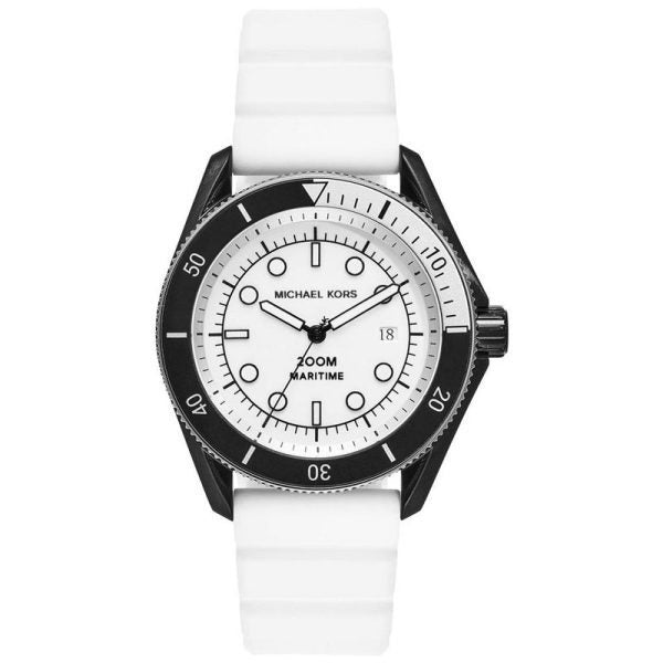 Michael Kors MARITIME white dial analog watch with black bezel and white silicone strap