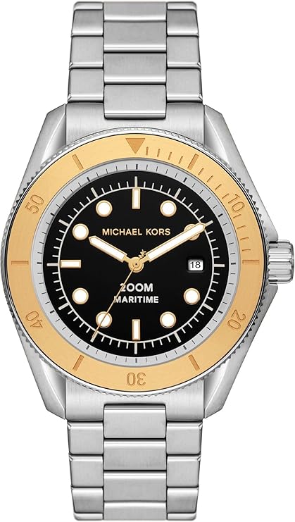 Michael Kors Maritime silver stainless steel men's watch with black dial and gold bezel
