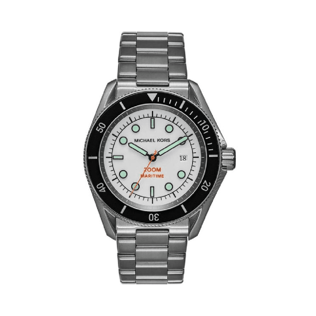 Michael Kors Maritime MK9163 men's watch with white dial, black bezel, and stainless steel bracelet