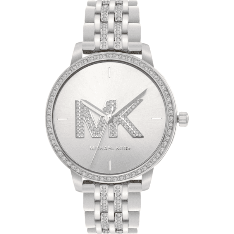 Michael Kors Melissa MK4370 ladies watch with silver pave logo dial and crystal bezel