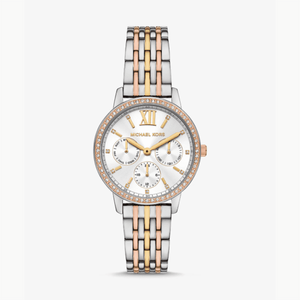 Michael Kors Melissa MKO1117 tri-tone stainless steel chronograph watch with white dial and crystal bezel