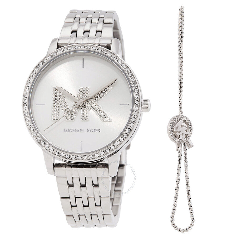 Michael Kors Melissa silver dial ladies watch with diamond bezel and slider bracelet