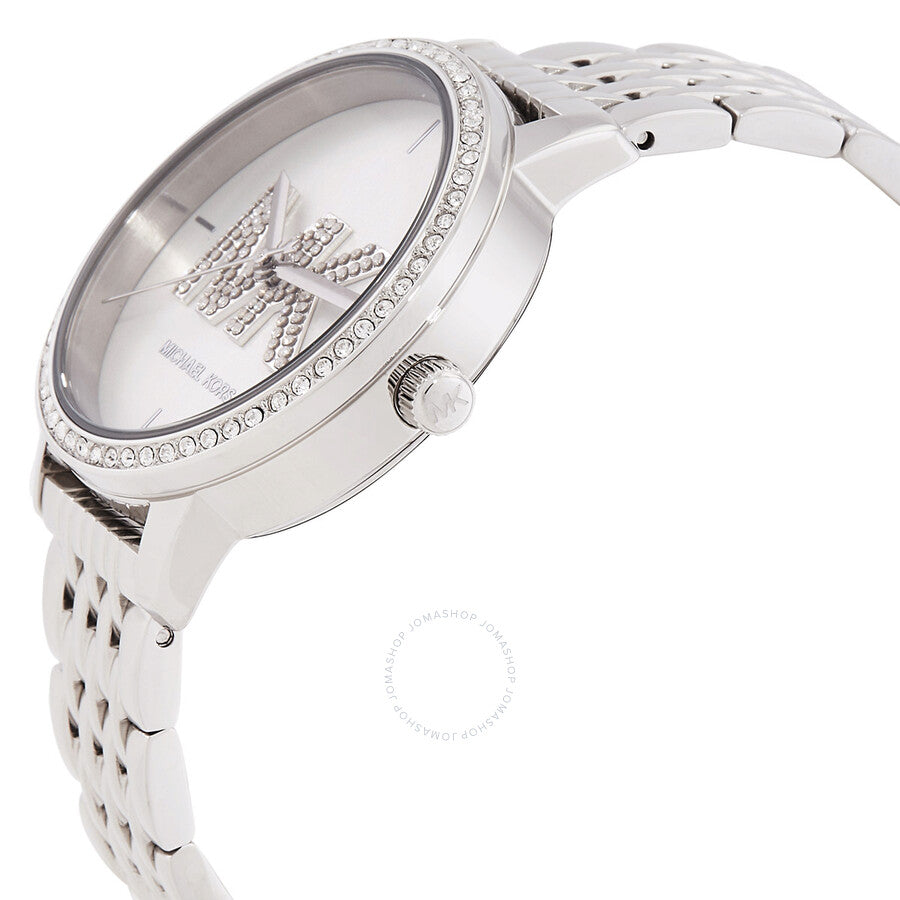 Michael Kors Melissa watch angled view showing crystal bezel and silver bracelet