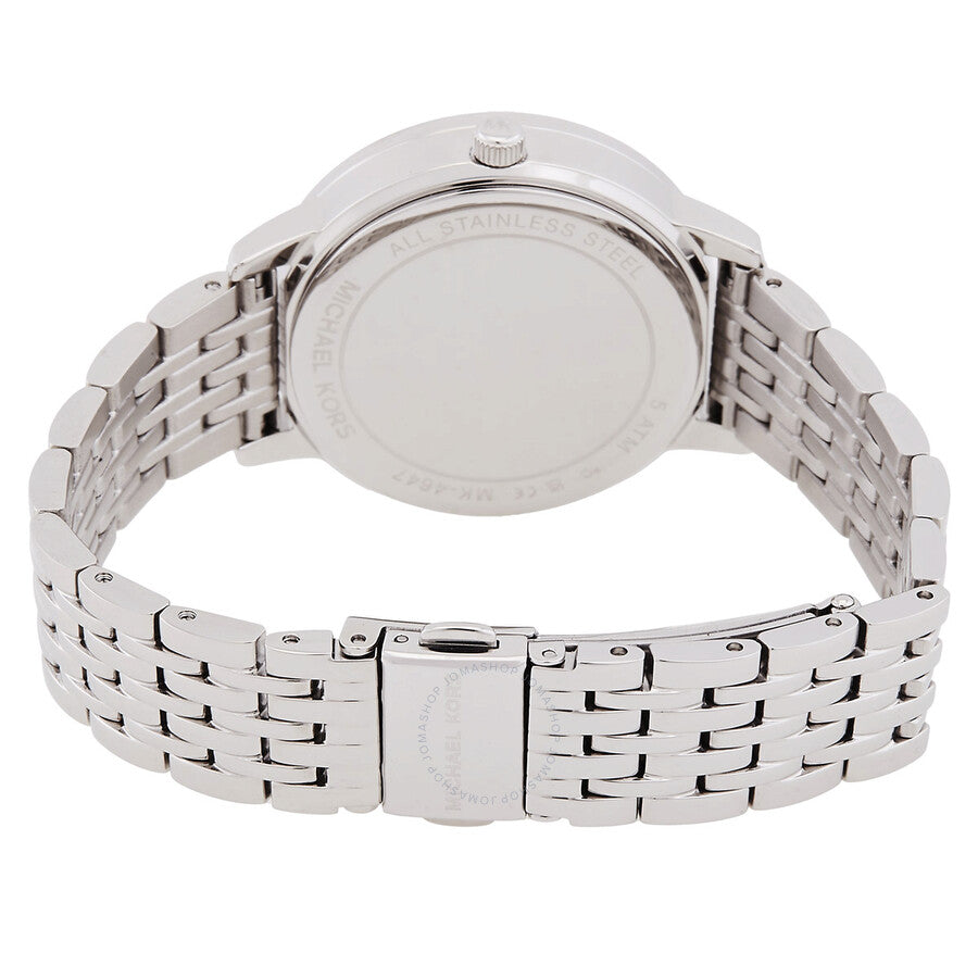 Michael Kors Melissa watch caseback view with stainless steel slider bracelet