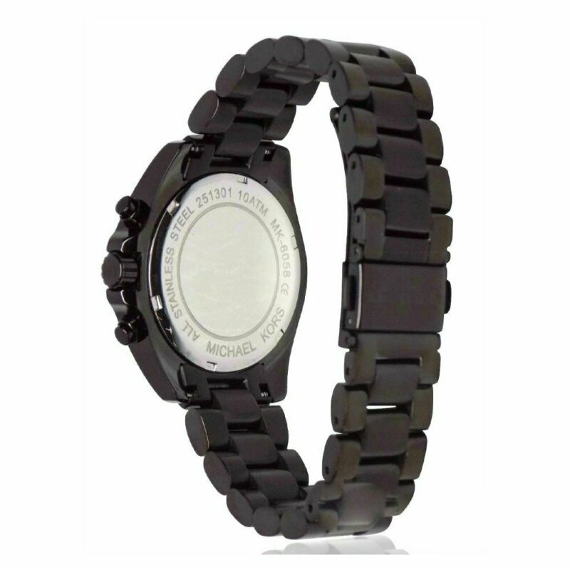 Michael Kors Mini Bradshaw caseback showing stainless steel bracelet and watch specifications