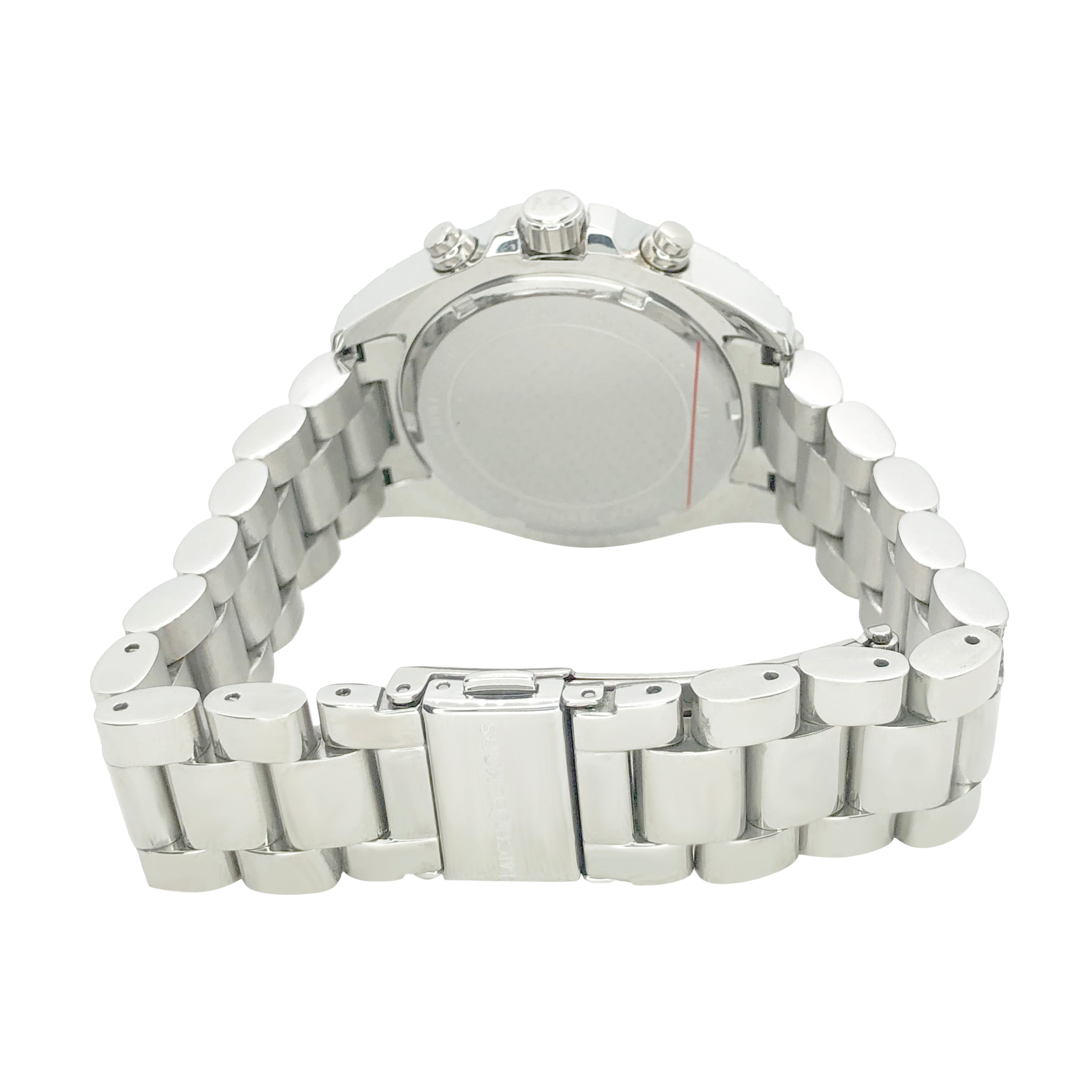 Caseback view of Michael Kors Mini Bradshaw watch showing silver metal case and bracelet clasp