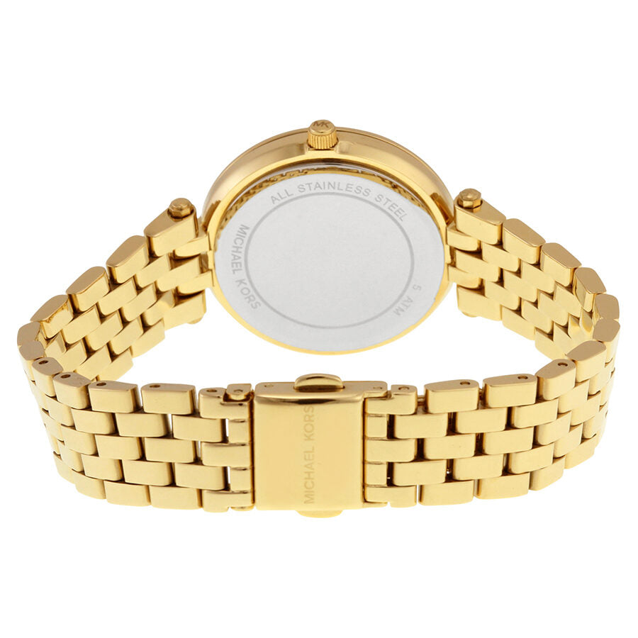 Michael Kors Mini Darci watch caseback showing stainless steel case and deployment clasp