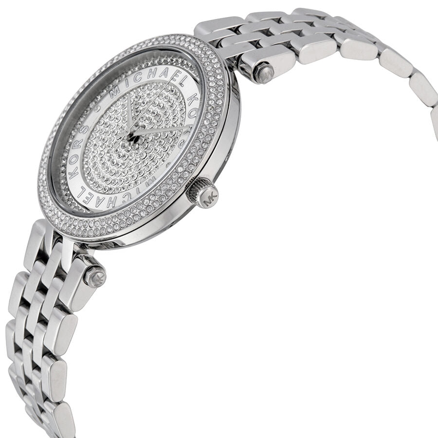 Michael Kors Mini Darci watch angled view showing crystal pave dial and stainless steel bracelet