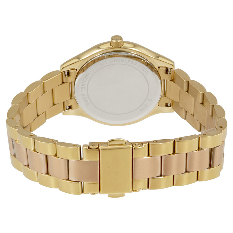 Back view of Michael Kors MK3650 watch showing caseback and two-tone bracelet links