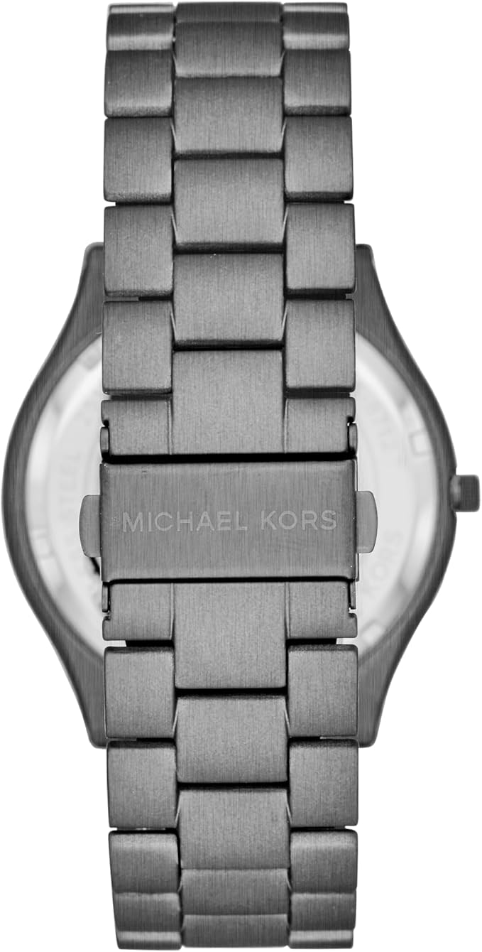 Back view of Michael Kors MK1044 Slim Runway watch with grey steel bracelet