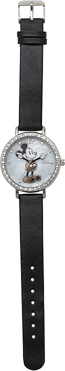 Mickey Mouse watch with diamond-set bezel on black leather strap displayed on wrist