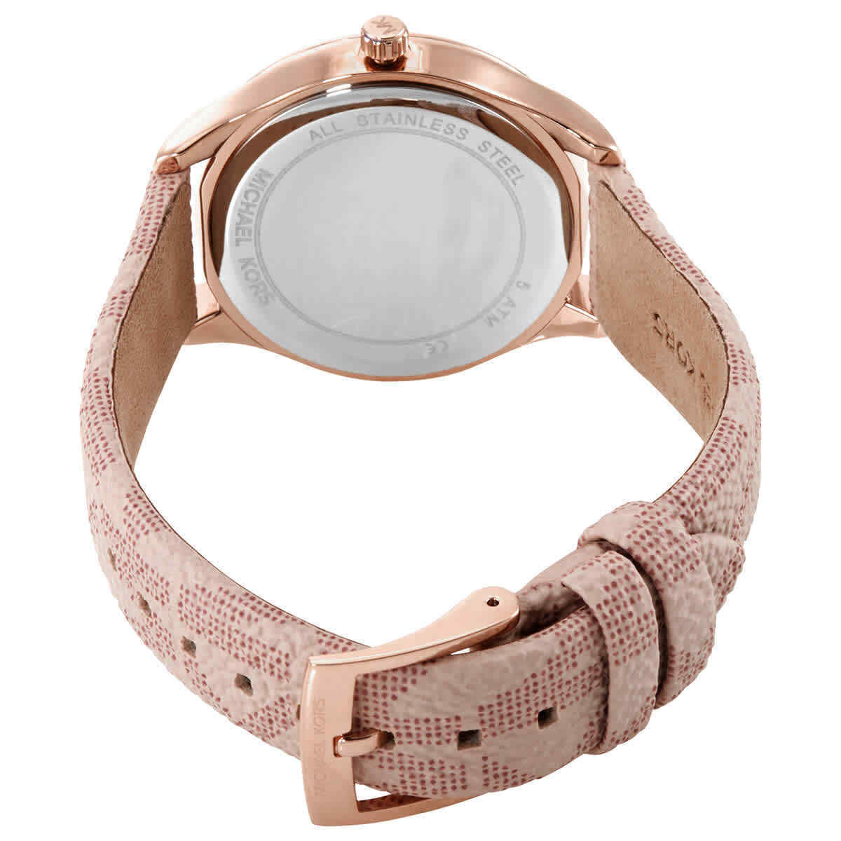 Back view of Michael Kors MK2879 showing stainless steel case back and strap